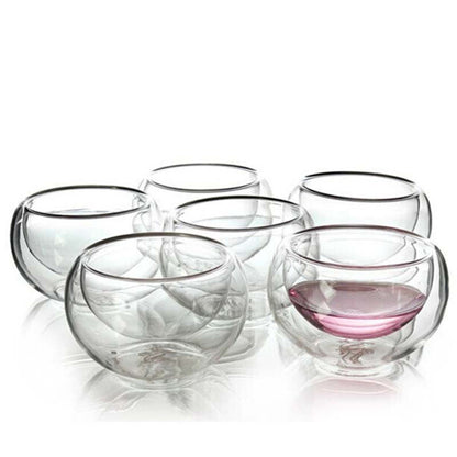 Chinese Tea Cup Tea Set Double Wall Glass Heat Proof Teacup Coffee Tea Set 6Pcs