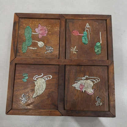 Vintage Rosewood 4-Compartment Treasure Box Shell Inlay Lotus Mandarin Duck 19cm