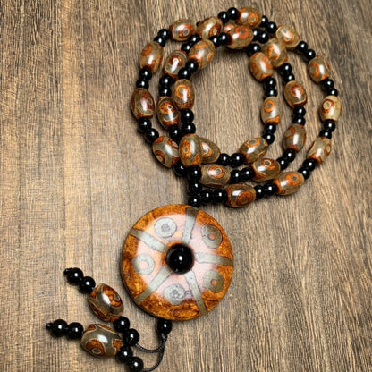 Tibetan Style Old Agate Three Eyes/TenEyes Pingan Knot Dzi Bead Amulet Pendant