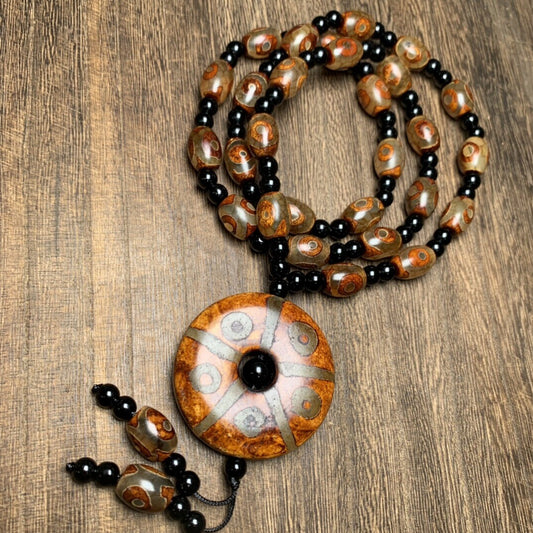 Tibetan Style Old Agate Three Eyes/TenEyes Pingan Knot Dzi Bead Amulet Pendant