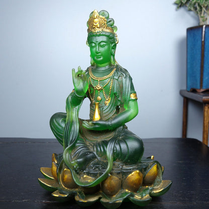 Collect China old coloured glaze gilt Hand made pure bottle lotus Guanyin statue