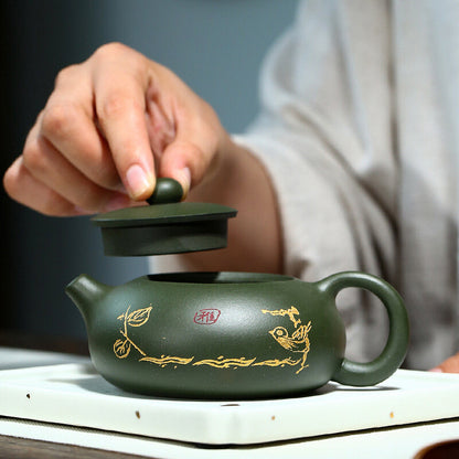 210ml Yixing Zisha Teapot Full Handmade Bian Xishi Green Mud Pattern Tea Pot
