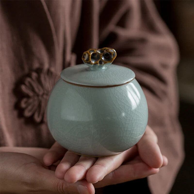 1pc 3.54" Chinese Ceramic Tea Caddy Sealed Ru Kiln Tea Storage Tank Tea Set Gift