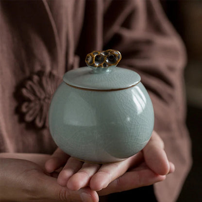 1pc 3.54" Chinese Ceramic Tea Caddy Sealed Ru Kiln Tea Storage Tank Tea Set Gift