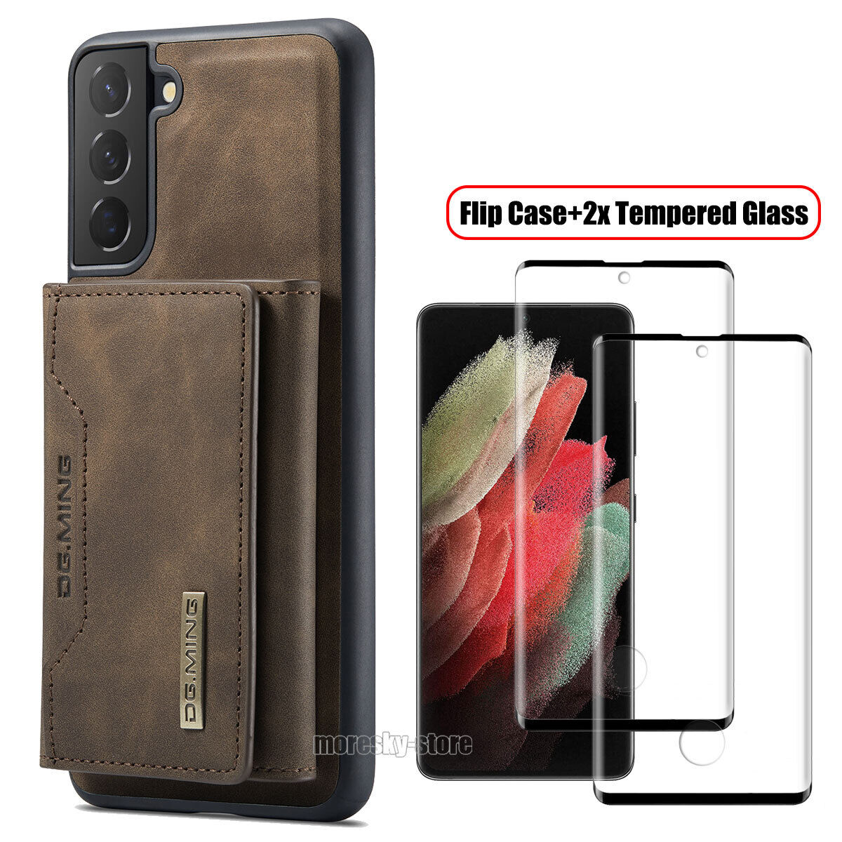 For Samsung Galaxy S21 Ultra FE + 5G Leather Case Cover Holder Tempered Glass