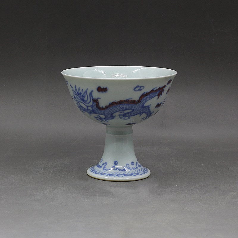 4.7" Chinese Ming Blue White Porcelain Red Glaze Animal Dragon Phoenix Cup