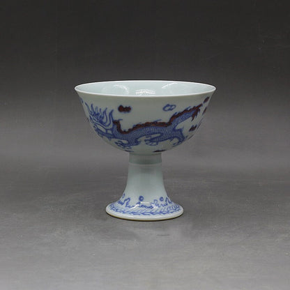4.7" Chinese Ming Blue White Porcelain Red Glaze Animal Dragon Phoenix Cup