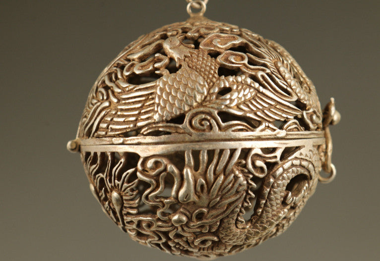 Old Tibet Silver Copper Hand Carved Dragon Phoenix Statue Incense Burner Buddha