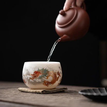 Sheep Fat Jade Porcelain Tea Set Cup Dragon and Phoenix Pairs Cup Tea Set