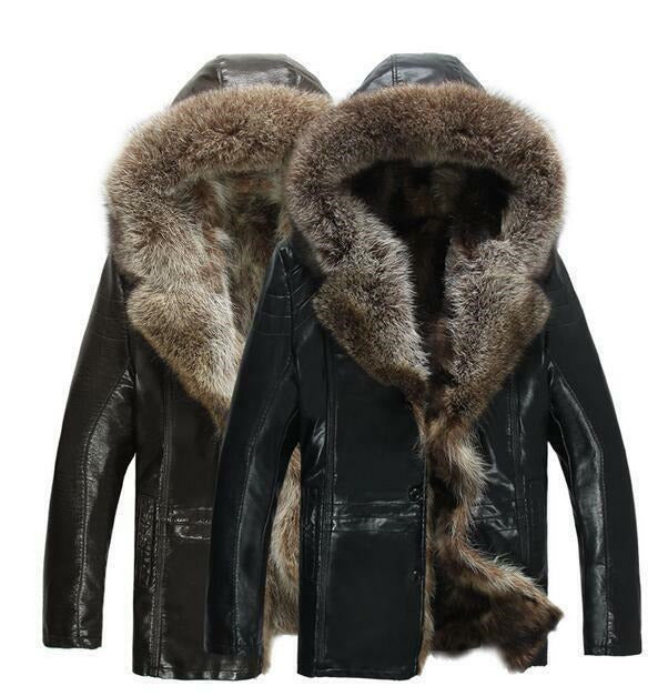 Mens Jacket Outwear Warm Winter Coat Hooded 100% Real Fur Leather Leisure Parkas