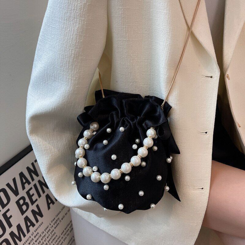 Shoulder Bags Women Ladies Handbag Pearl Silk Female Bucket Crossbody Bag