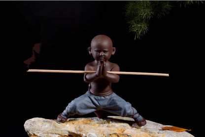 Chinese Shao Lin Monk Kungfu Posture Statue Zisha Purple Clay Boy On Tea Tray