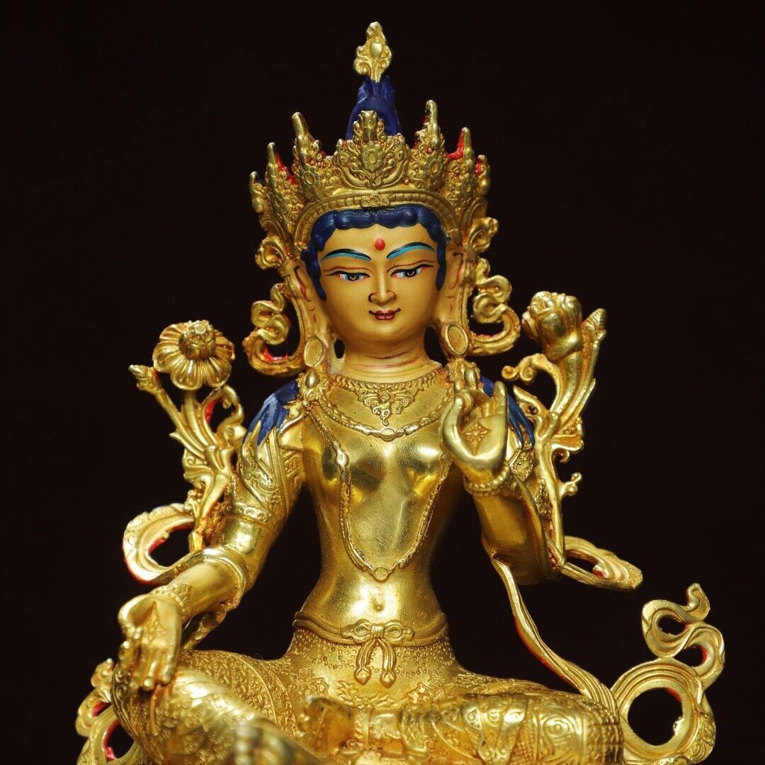 8"China Tibet Tibetan Buddhism temple Bronze gilt Green Tara Bodhisattva statue