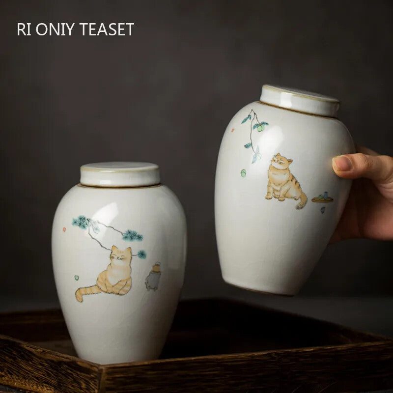 1pc Retro Ru Kiln Ceramics Tea Caddy Cute Cat Pattern Portable Sealed Containers