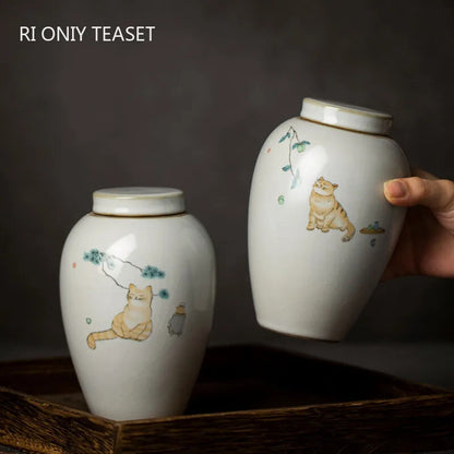 1pc Retro Ru Kiln Ceramics Tea Caddy Cute Cat Pattern Portable Sealed Containers