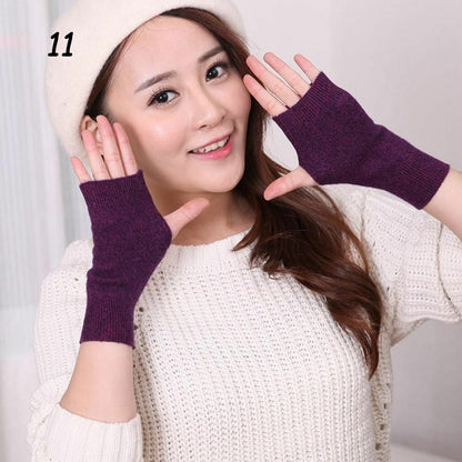 Women Winter Gloves Cashmere Knitted Cotton Fingerless Warm Stretch Half Mittens
