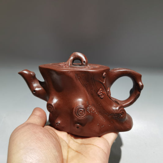 5.9" Chinese Yixing Zisha Pottery Red Clay 300CC Plum Blossom Tree Stool Teapot