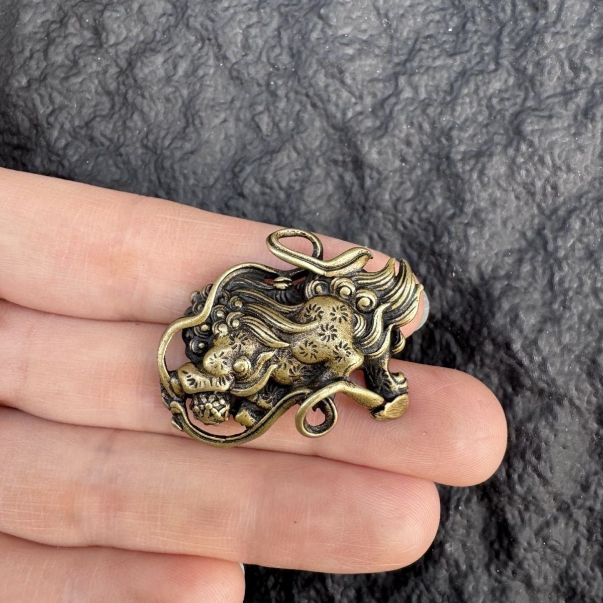 Vintage Tibetan Brass Snow Lion Pendant Antique Collectible Charm