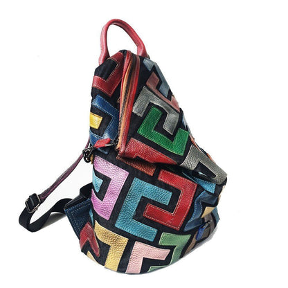 Genuine Leather Backpack Women Luxury School Bags 29*14*32CM Polyester Patchwork