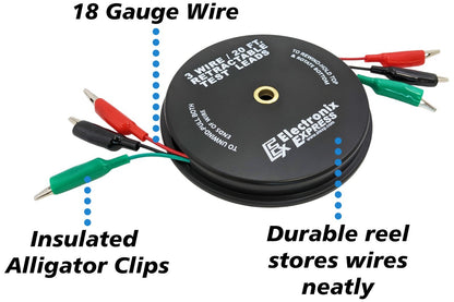 3 Wire 20 Foot Retractable Test Leads, Red/Black/Green Alligator Clips, 18 Gauge