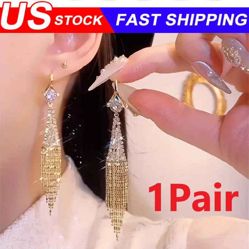 Glamorous Sparkling Tassel Dangle Earrings - Paved with Radiant Zirconia