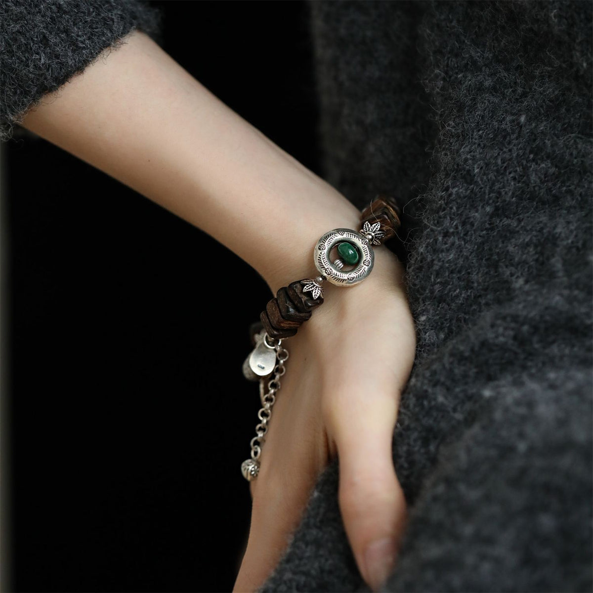 Green Jujube Agate Aventurine Agarwood Silver Axe Bracelet Vintage Chinese Style