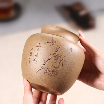 True Yixing Zisha Tea Caddy Bamboo Carved Sealed Tea Canister With Lid Small New