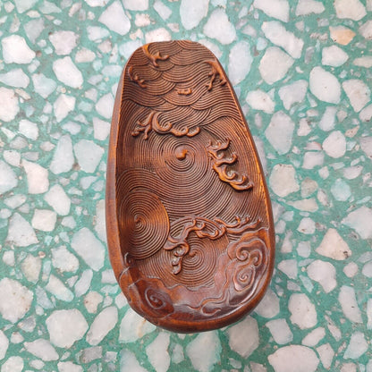 Boxwood Carving Tea Shovel Figuras Decorativas Dragon Statue Sea Wave Wooden Art