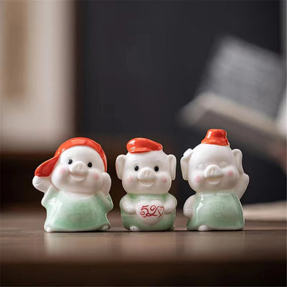 Ceramic Pig Red Cap Tea Pet Porcelain Desktop Ornament Decor Pig Tea Figures