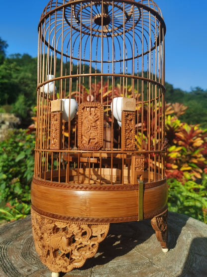 Chinese Carving Oriental Round Shape Bamboo Wood Birdcage Display 22cm