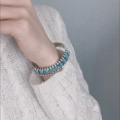 Miao Ethnic Silver Cuff Bracelet Faux Turquoise Boho Vintage Carved Open Bangle
