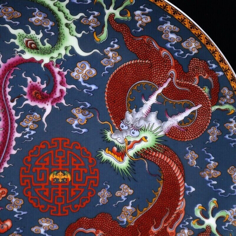 Old Chinese powder color porcelain Dragon phoenix plate Qianlong Mark