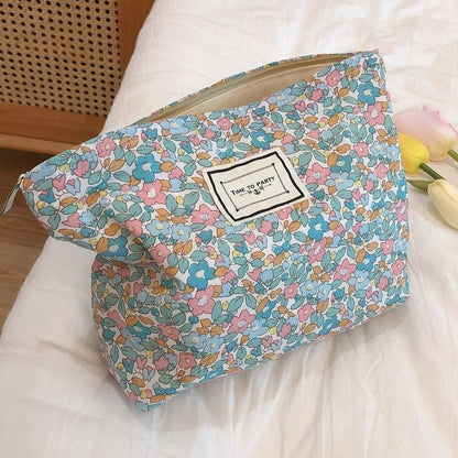 Floral Makeup Bag Large Cotton Fabric Cosmetic Traveling Case Storage Organizer
