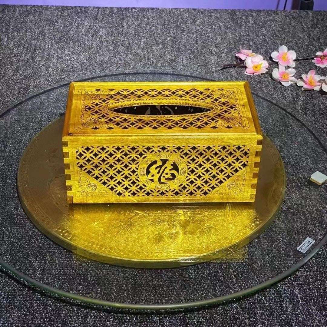 Small Leaf Golden Nanmu Tissue Box 8.66in Hollow Carved Five Blessings