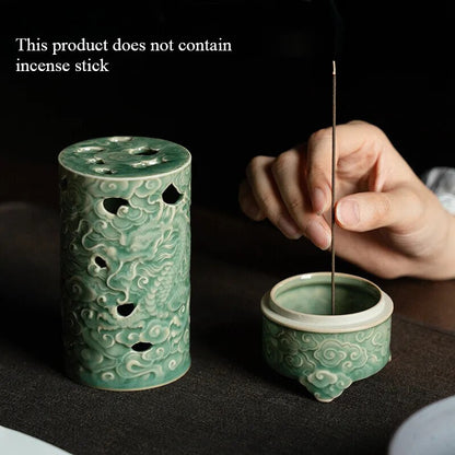 Yue Kiln Celadon Incense Burner Three Legged Dragon Cloud Aromatherapy Furnace