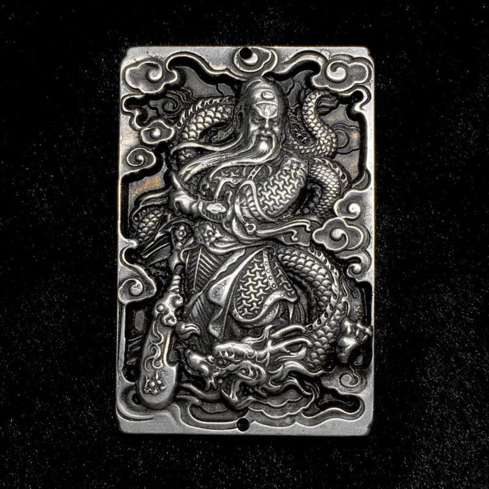 Old Chinese Tibet Silver Handcarved Dragon Guan Yu Pendant Waist Token