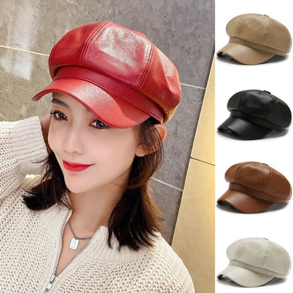Womens Octagonal Cap PU Leather Cap Duck Tongue Cap Beret Fashion Winter Hat