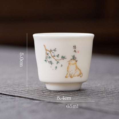 One Cup Fat Mutton Jade Porcelain Tea Cup Love Cat Print Kungfu Tea Cup 70ml New