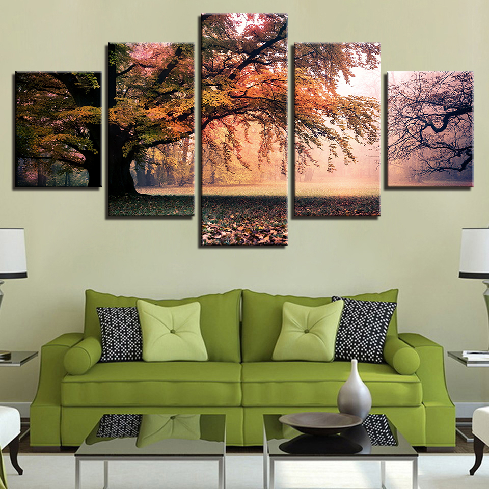 Autumn Big Trees Forest Sunrise Canvas Prints Painting Wall Art Home Decor 5PCS