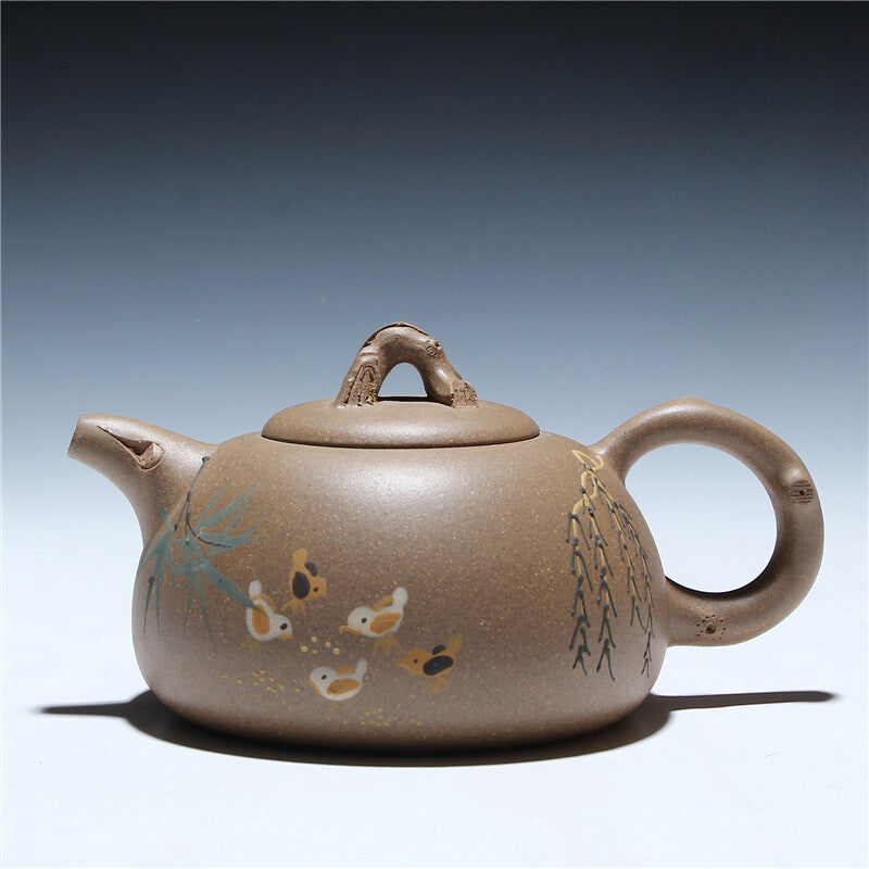 Chinese Yixing Zisha Tea Pot Beautifully Painted Purple Clay Stump Tea Pot 300ml