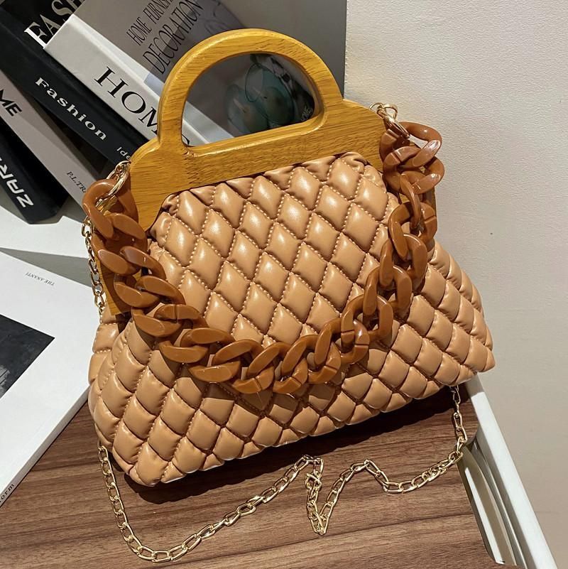Handbag Thick Chain Vintage Wood Grain Shoulder Clutch Purses Bag 25*21*9CM Hasp