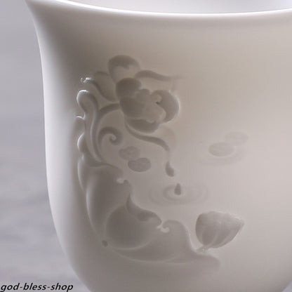 Jade Porcelain Tea Cup Handmade Carved Flower Relief 150ml Personal Cup Of Tea