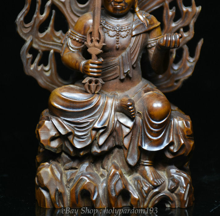 7" Old China Boxwood Wood Carving Japanese Fudo Myo-o Acalanatha Sword Statue