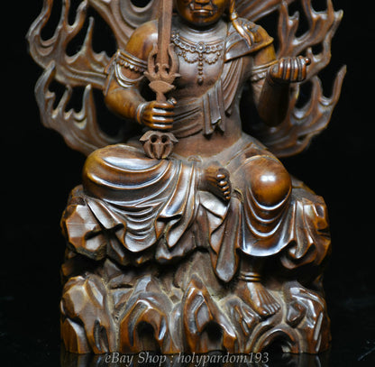 7" Old China Boxwood Wood Carving Japanese Fudo Myo-o Acalanatha Sword Statue