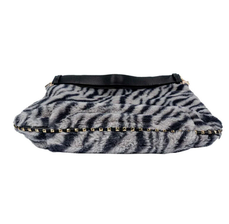 Celela Fluffy Zebra Print Rivet Women Hobo Crossbody Shoulder Handbag Purse Bag