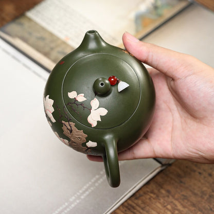 Handmade Tea Pot Marked Xishi Pot 9 Infuser Hole Flower Relief Yixing Zisha Clay
