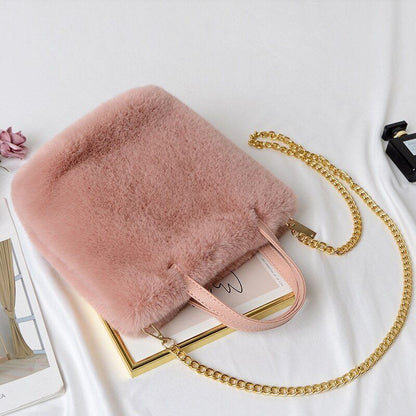 Fluffy Tote Bag Sling Chains Shoulder Strap Crossbody Faux Fur Bucket Handbag