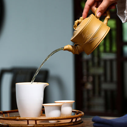 Handmade Real Yixing Zisha Duan Clay Marked Tea Pot Bamboo Relief Design Teapots