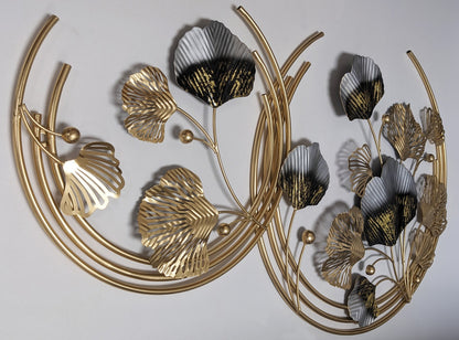 3-Foot Ginkgo Leaves in Gold Circles Hanging Iron 3D Wall Decoration (38" x 23")