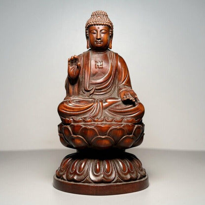 Vintage Chinese Wood Carving Buddha Statue Prayer Buddhist Boxwood Sculpture Art